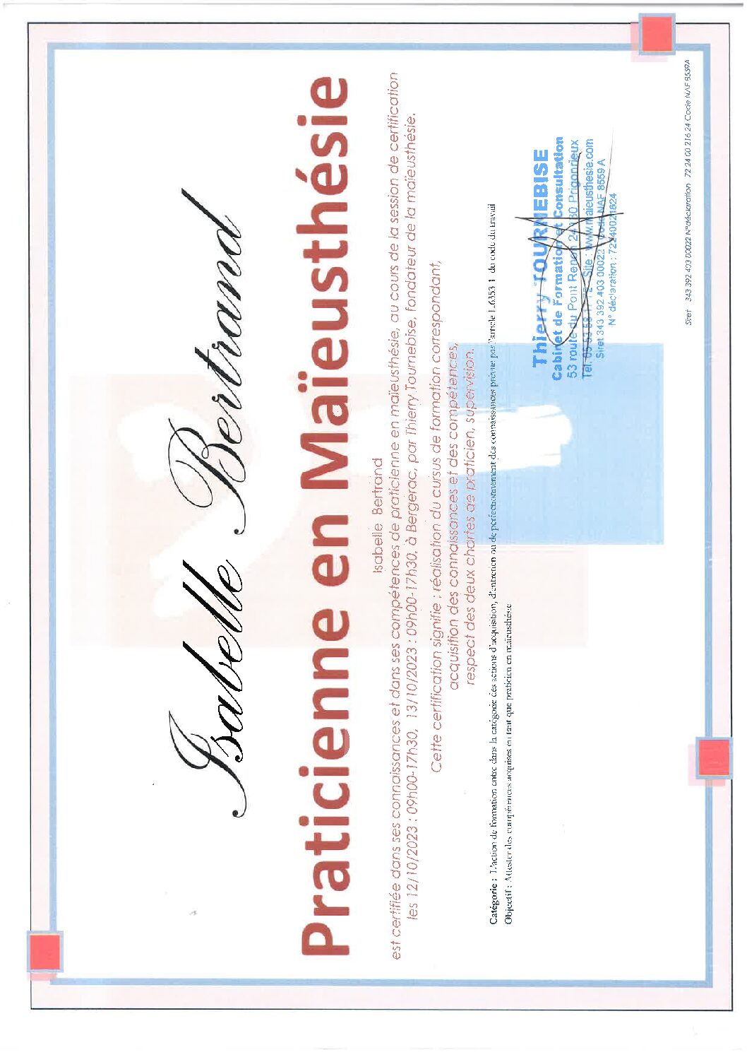 Certificat maïeusthésie Isabelle Bertrand psychopraticienne